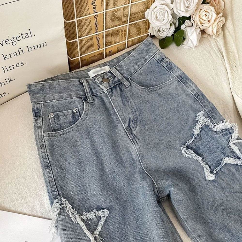 Denim Popular Ins Fashion Korean WIth Star Spring Autumn New High Waist Straight Leg Loose Fitting Jeans - AIAZ