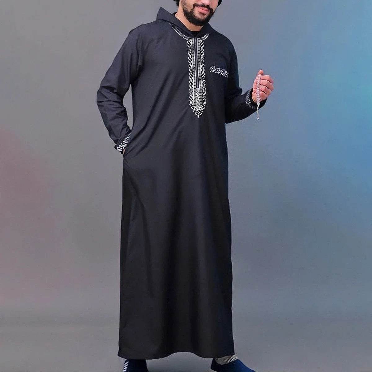 Muslim men's robe long-sleeved ethnic style embroidered stand collar Arabic clothing men's Islamic casual robe - AIAZ