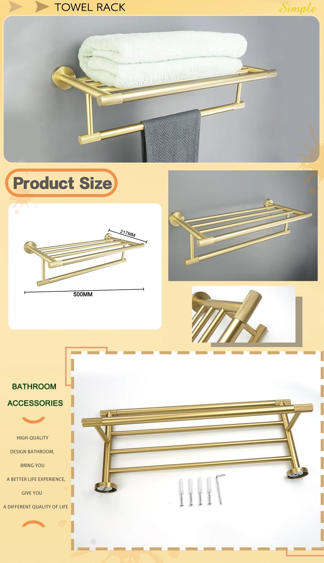 Brushed Gold Stainless Steel Wall Mount Towel Bar Towel Ring Paper Holder Bathrobe Hook Toilet Brush Bathroom Accessories