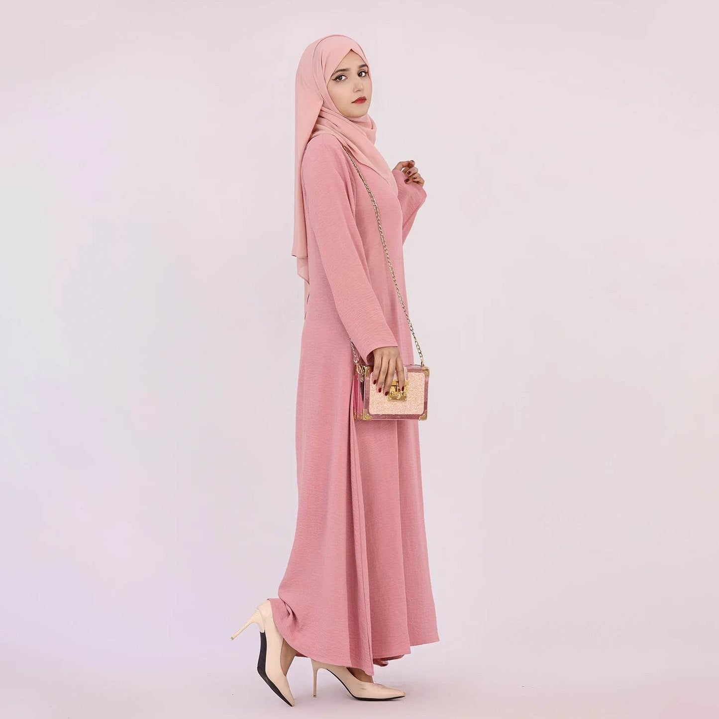 2025 Fashion Simple Muslim Dress Solid Abaya Arab Turkey Dubai Kaftan Modest Long Sleeve Maxi Dress Islamic Clothing LR593 - AIAZ