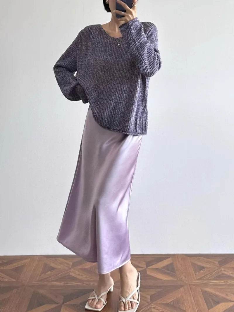 High Waisted Satin Long Skirts for Women Spring/Summer New 2025 Women's Skirt A-line Fashion Elegant Slim Fit Grey Black Skirt - AIAZ