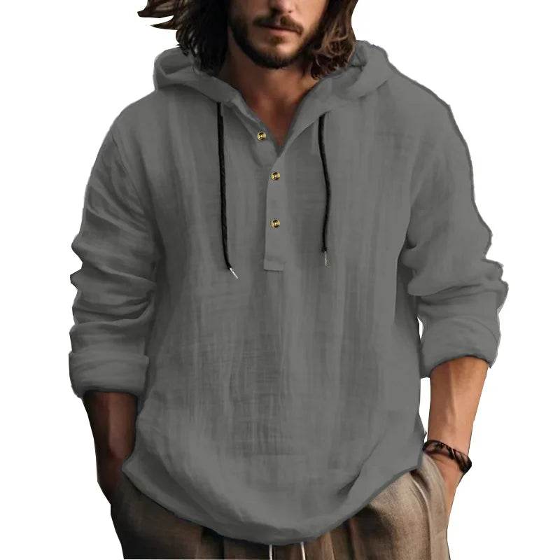 24 New cotton and linen shirts hooded loose large size casual sweater long sleeve hoodie men - AIAZ