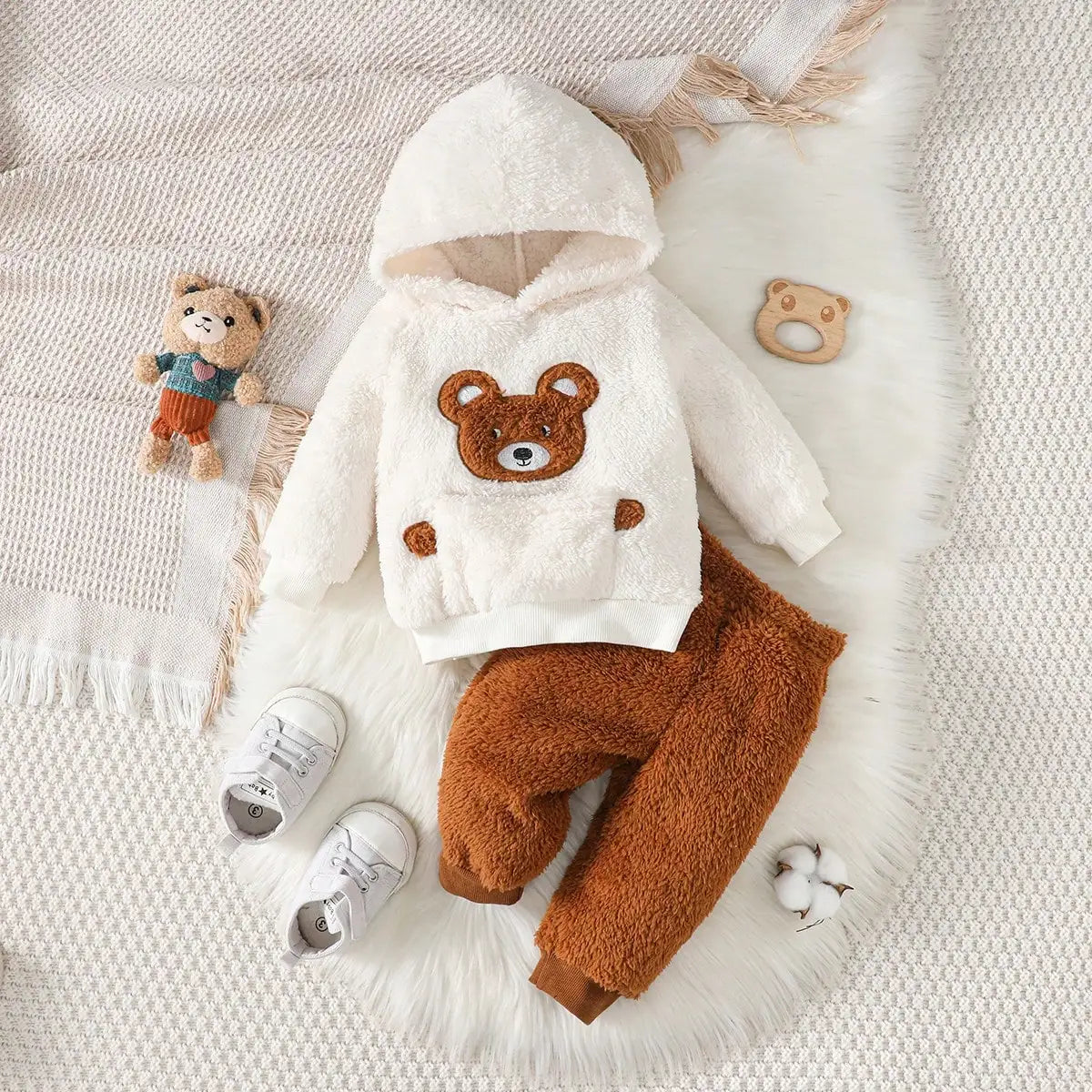 New Baby Girl Winter Casual Daily Cute Little Bear Fur Thick Design Suitable For Travel 2-Piece Set