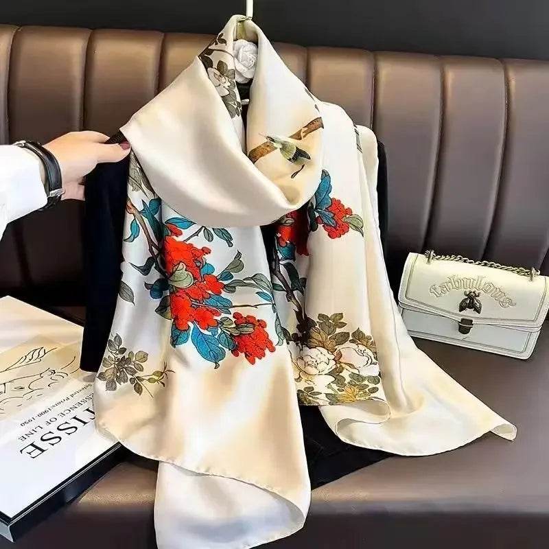 New Summer Women's Silk Scarf Sun Protection Satin Print Extra Long Beach Cover Up Decorative Mom's Shawl Fashionable Accessory - AIAZ