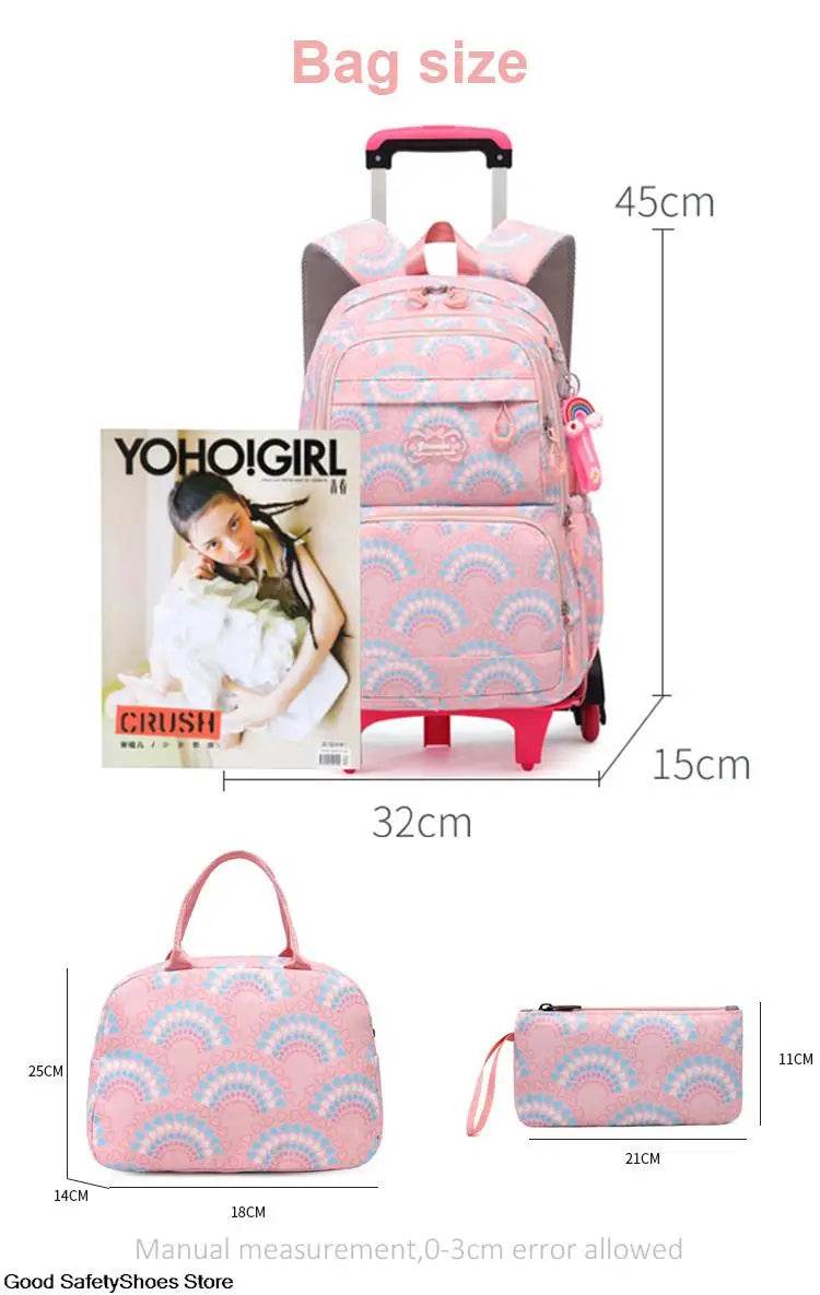 Rolling School Bags for Girls Backpack Children Waterproof School Backpacks with Wheels Middle School Trolley Luggage Back Pack - AIAZ