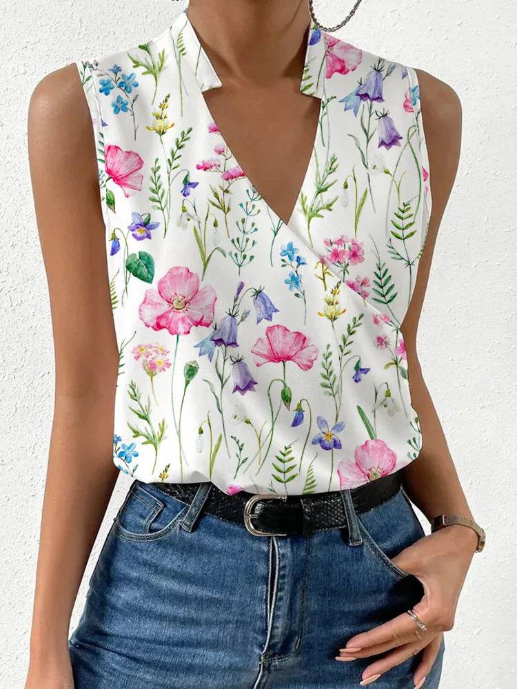 Fashion V-neck Sleeveless Print Women Tops And Blouses 2024 Summer Casual White Tank Top Femme Shirt Top - AIAZ