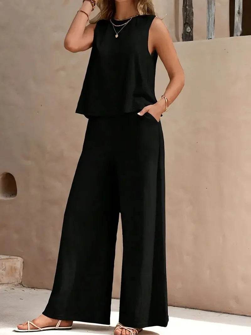 Women's Casual Set Solid Color Elegant Comfortable Round Neck Vest and Wide Leg Pants Two Piece Versatile Comfortable - AIAZ