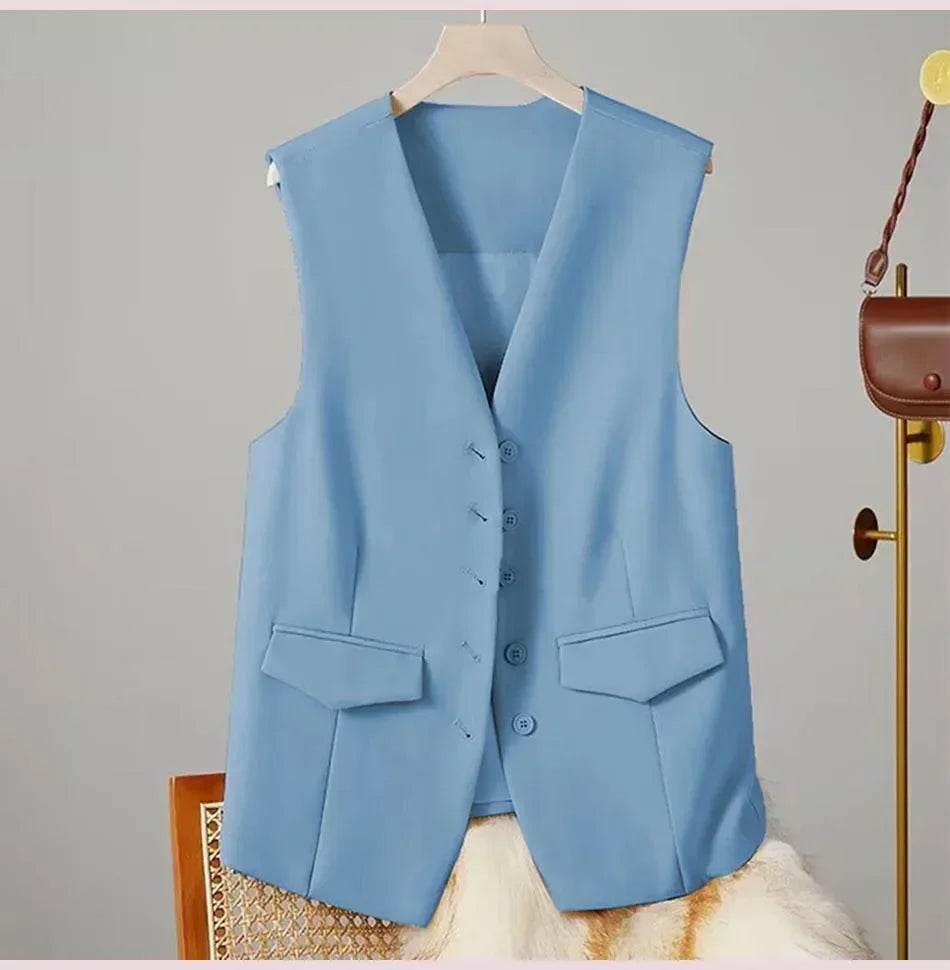 Women Suit Vest Elegant Women's V Neck Business Vest Sleeveless Waistcoat for Office Commute Style Solid Color Single-breasted - AIAZ