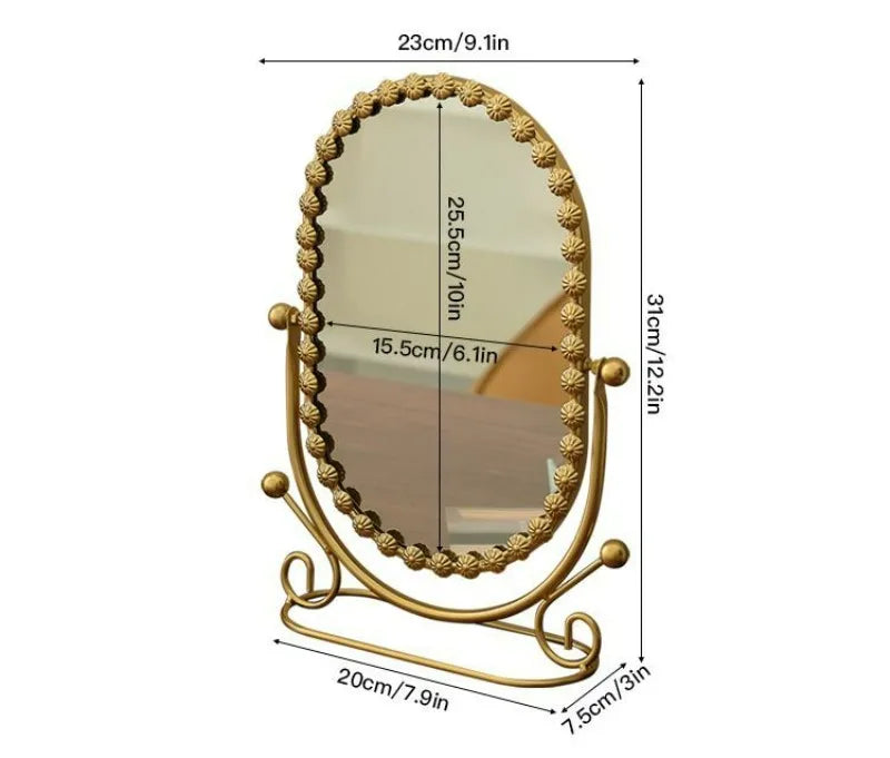 Light Luxury Wrought Iron Vertical Mirror Rotatable Retro Makeup Mirror Bedroom Vanity Mirror Desktop Ornament Photo Props