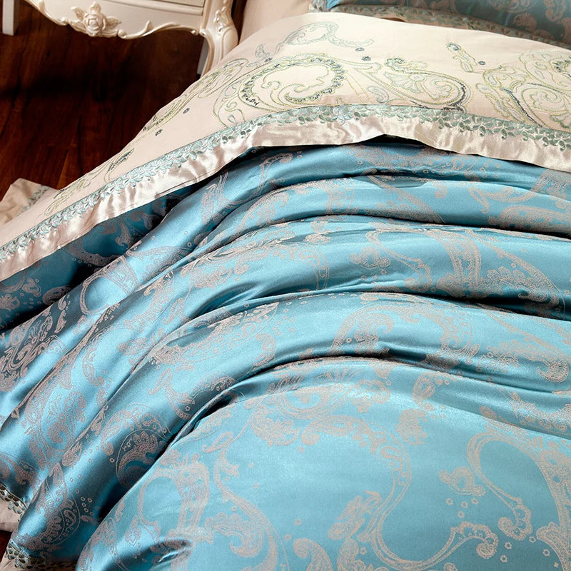 Sliver Gold Luxury Silk Satin Jacquard duvet cover bedding set queen king size Embroidery bed set bed sheet/Fitted sheet set