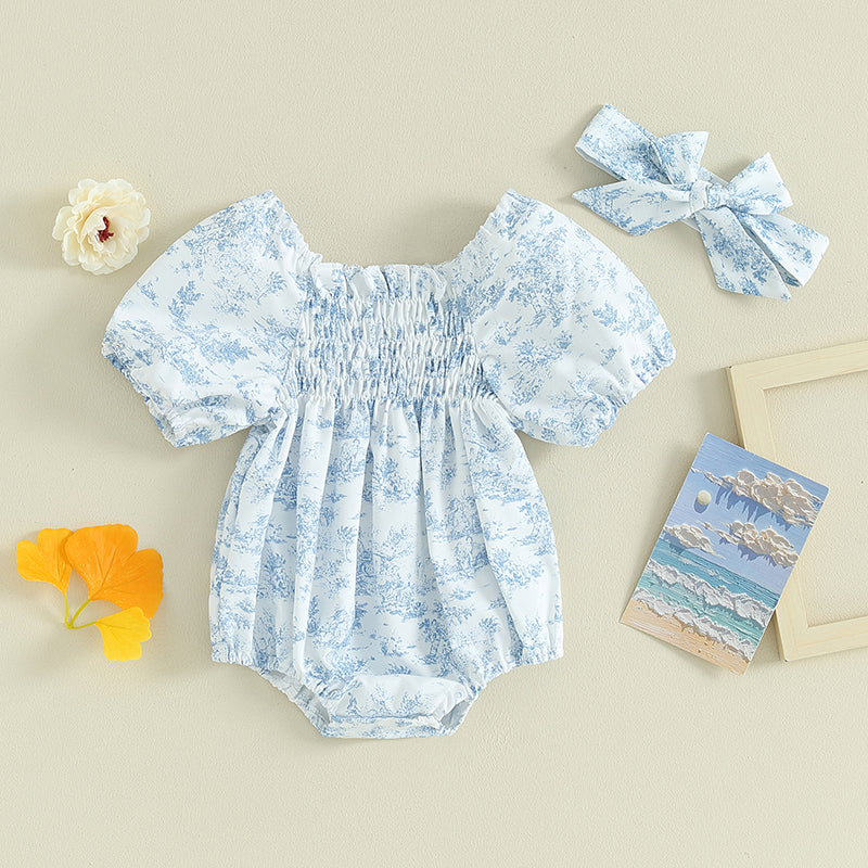 Citgeett Summer Infant Baby Girls Bodysuit Floral Print Puff Sleeve Clothes Jumpsuits Headband Blue Suit