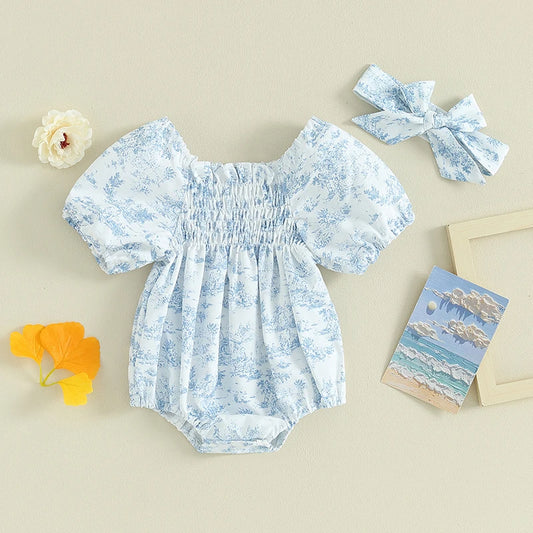 Citgeett Summer Infant Baby Girls Bodysuit Floral Print Puff Sleeve Clothes Jumpsuits Headband Blue Suit