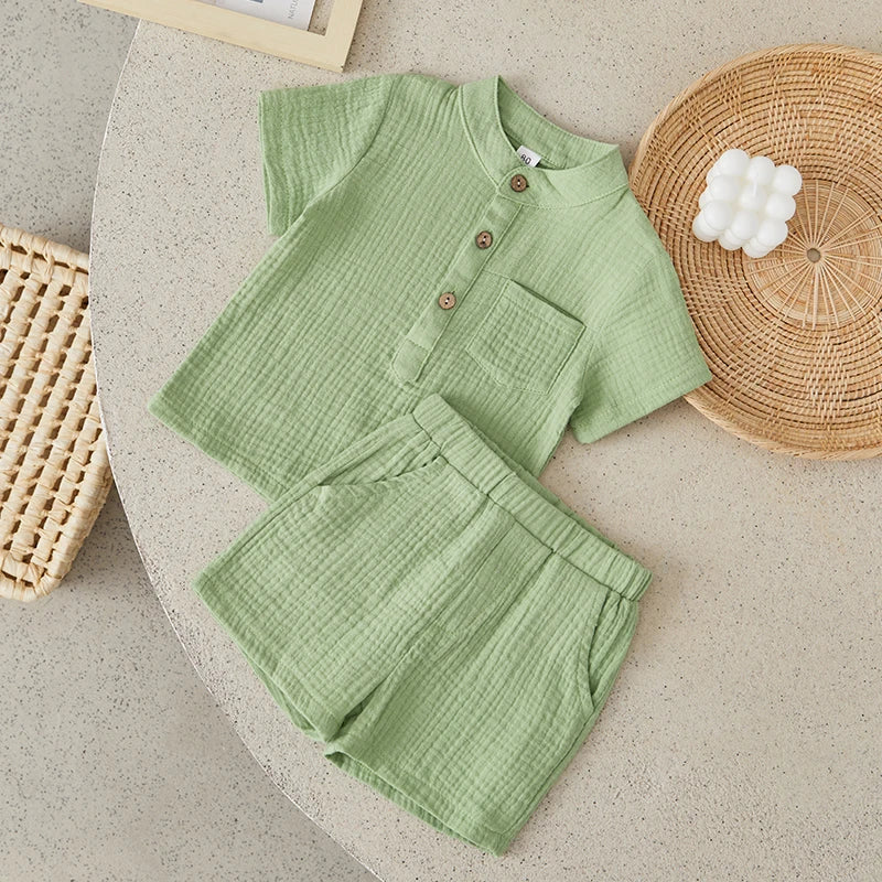 Suefunskry Toddler Boys Summer 2Pcs Casual Outfits Solid Color Short Sleeve Button Tops and Elastic Waist Shorts Sets 6M-4Y