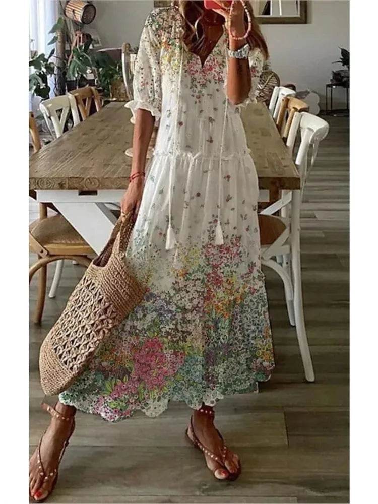 New Women's Spring Summer Dress Sexy V-neck Drawstring Printed Long-sleeved Dress Casual Loose Fashion Elegant Fresh Sweet Dress - AIAZ