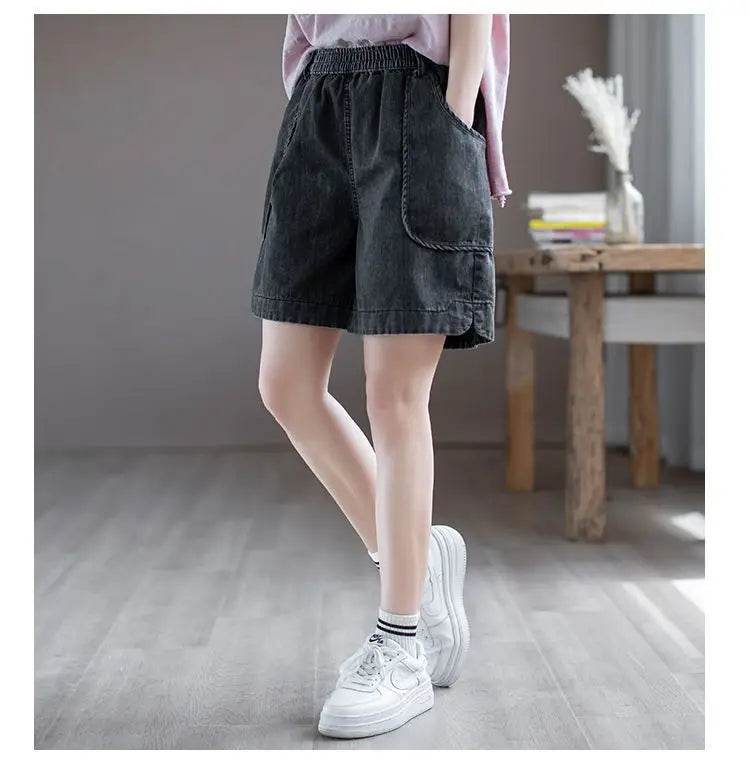 Summer Thin High-waisted Retro Denim Shorts for Women Loose Mid-pants New Wide-leg Large Pocket Five-point Pants - AIAZ