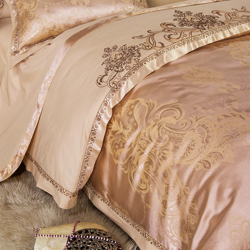 Sliver Gold Luxury Silk Satin Jacquard duvet cover bedding set queen king size Embroidery bed set bed sheet/Fitted sheet set