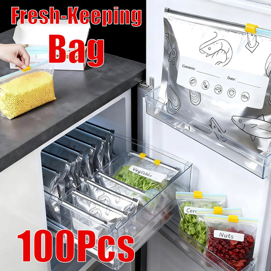 Food Cover Zipper Bag Reusable Freezing Plastic Wrap Bags Aluminum Foil Transparent Refrigerator Storage Fresh Bags Organizer