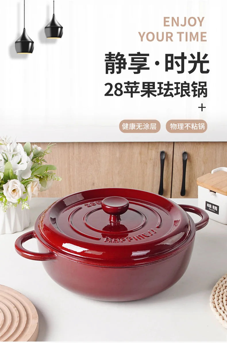Quality Cast Iron Mama Pot, Home Frying Stew Pot, Large Capacity Non-stick Casserole, Deepen 28cm Enamel Soup Pot