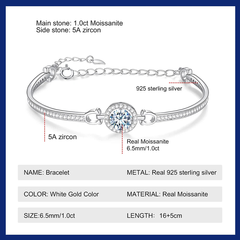 1.0 Cttw 925 Sterling Silver White Moissanite Bracelet For Women 18K Gold Plated Diamond Bangle with GRA Certificate Jewelry