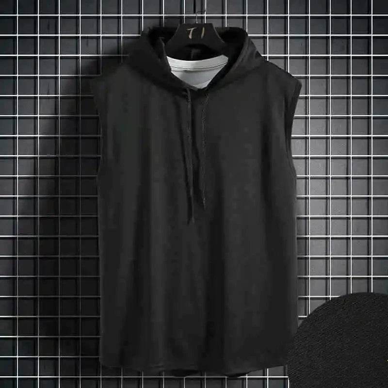 Men Tie Collar Hooded Sleeveless Vests Male Summer Loose Solid Hip Hop Tee Shirt Tops - AIAZ