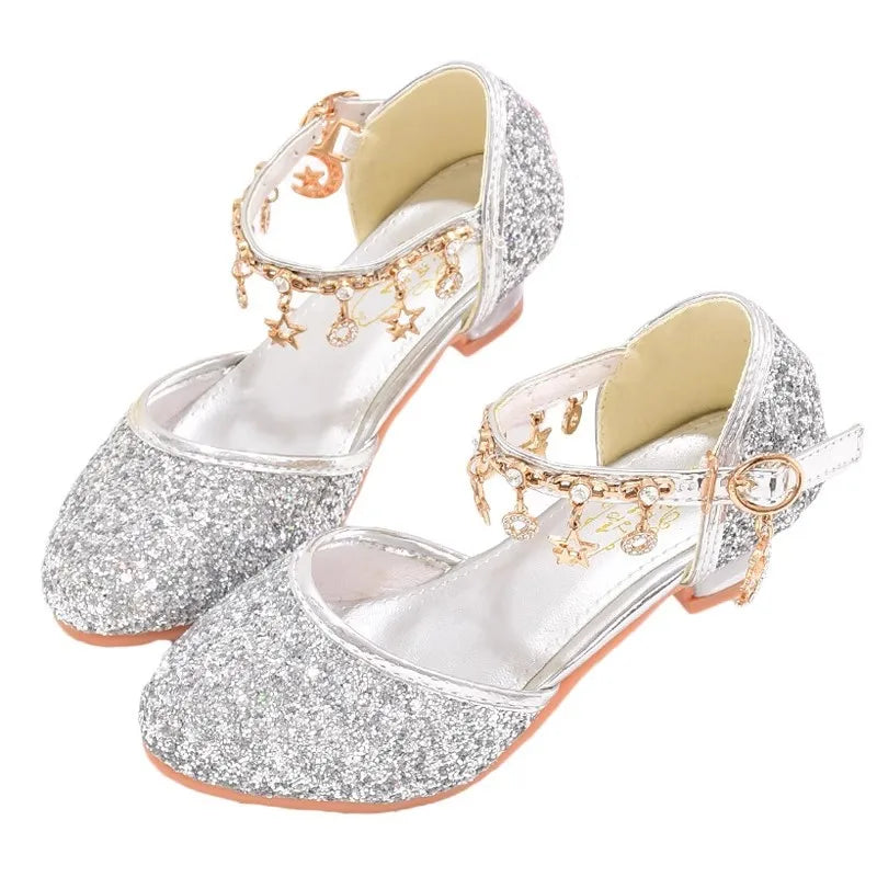 Heeled Dancing Shoes Due To Gold for Girls Glitter Shoes Heels Girls Princess Flowergirl Dresses Golden Girl Child Shoe for Wed