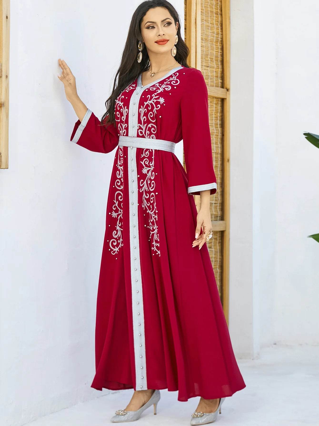 Muslim Fashion Beading Ebroidered Print V-neck long-sleeved Dress Moroccan Islamic Dress With Belt Elegant Party Dress - AIAZ