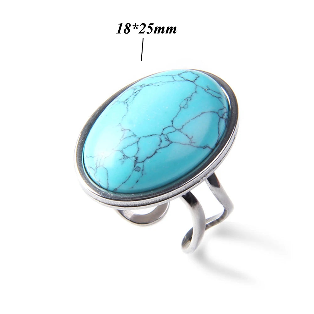 Cabochon Natural Stone Ring 10*14MM Oval Agates Turquois Quartzs Gem Finger Ring Silver Color Adjustable Open Rings Jewelry Gift