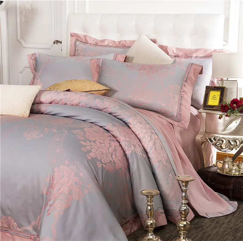 Sliver Gold Luxury Silk Satin Jacquard duvet cover bedding set queen king size Embroidery bed set bed sheet/Fitted sheet set