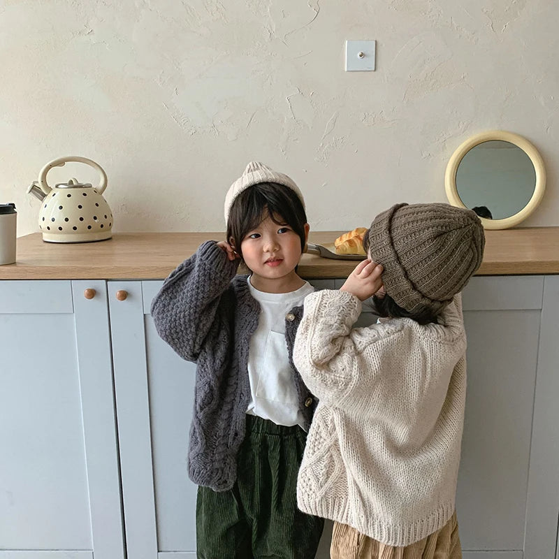 1 2 3 4 5 6 7 8 Years Girls Knitted Sweater Cardigan New Fashion Baby Coarse Wool Hemp Retro Cardigan Boys Coat Kids Clothes