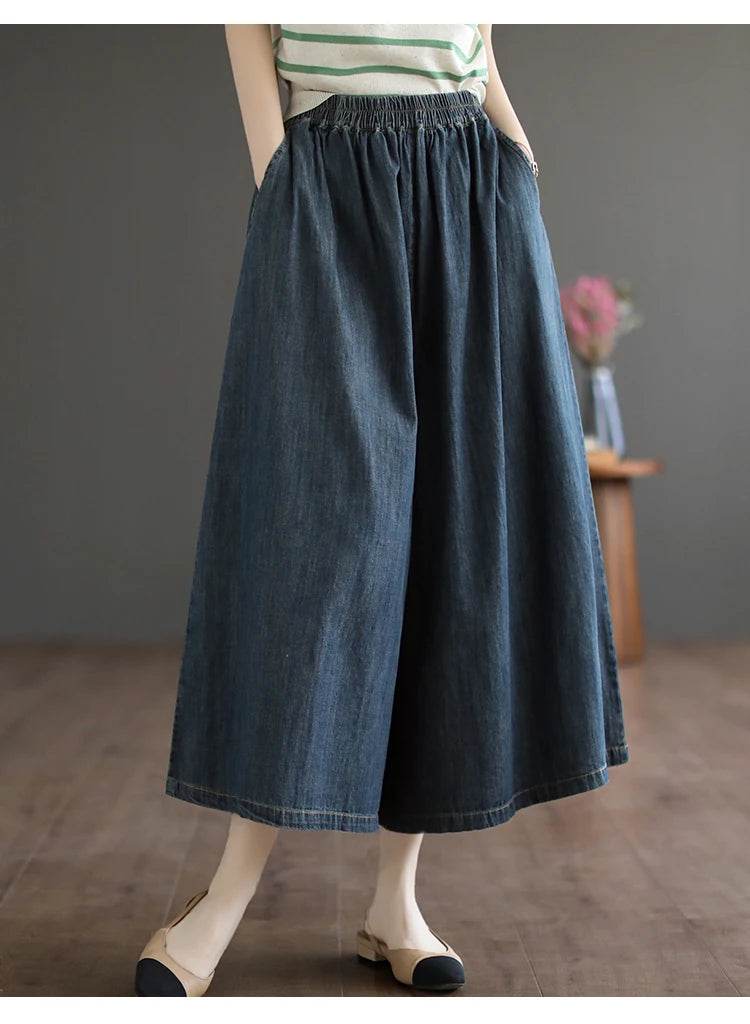 8215 Summer Trendy Wide Leg Jeans Skirts For Women New Design Straight Loose Casual Solid Color Elastic High Waist Denim Pants - AIAZ