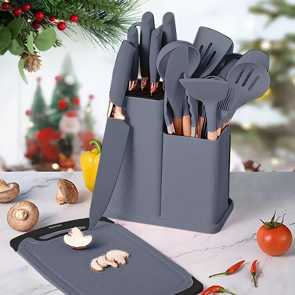 19 Pcs Non-Stick Silicone Kitchen Utensil Set with Knives Heat-Resistant Tools in Bamboo Storage Perfect for Cooking