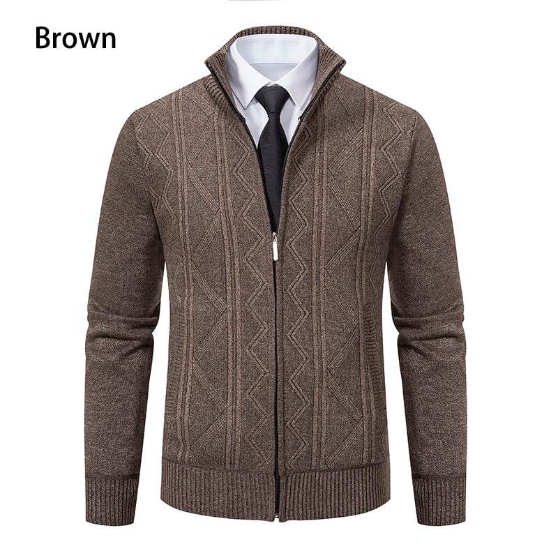 Thickened jacket men's autumn and winter warm trend line stand collar knitted cardigan sweater coat - AIAZ