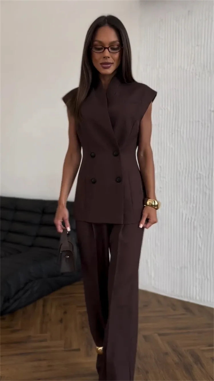 Street Slim Vest Pant Outfit Spring Women Sleeveless Double Breasted Tank Top+High Waist Zip Wide Leg Pants Summer Two Piece Set