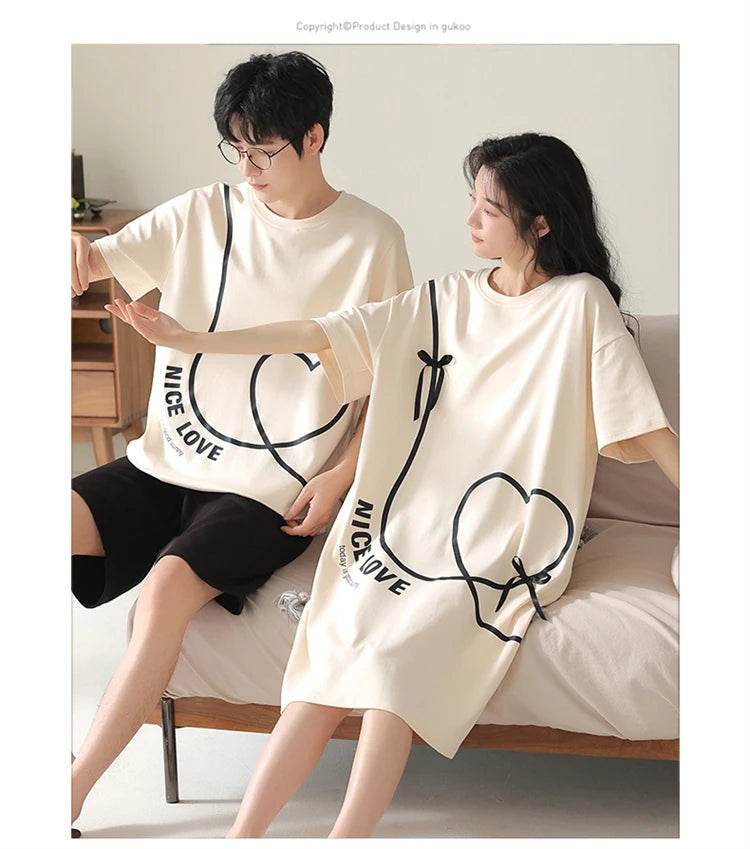 Summer Couple Pajama Sets 100%Cotton Men Short Sleeve Pyjamas Sexy Women Nightgown - AIAZ