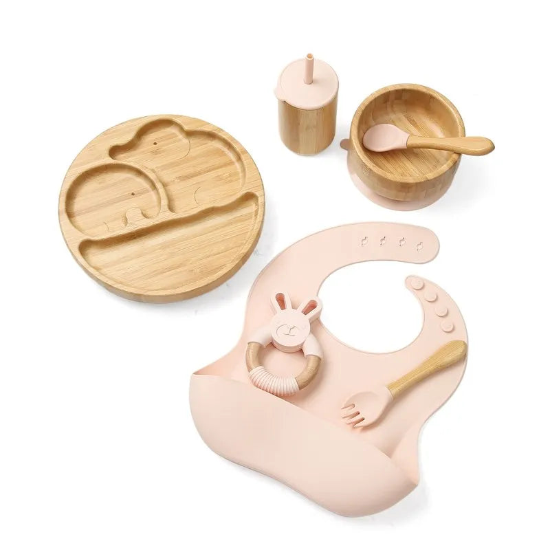 Wooden Dinner Plate Feeding Supplies Bamboo Baby Tableware Silicone Suction Plate Bowl BPA Free Baby Stuff Newborn Accessories