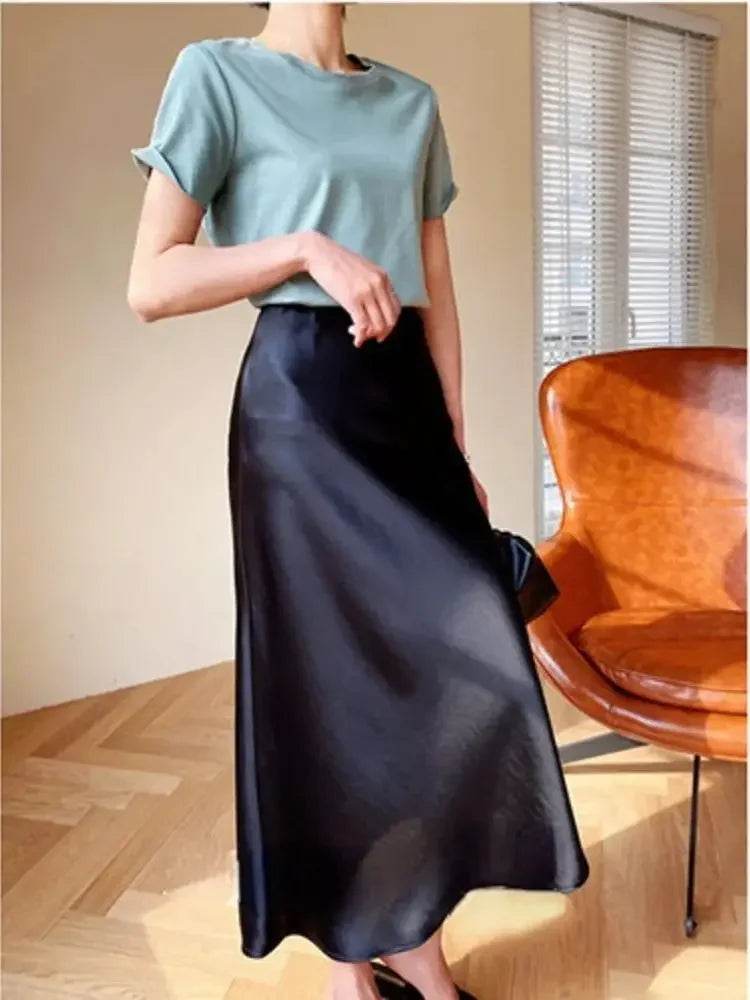 High Waisted Satin Long Skirts for Women Spring/Summer New 2025 Women's Skirt A-line Fashion Elegant Slim Fit Grey Black Skirt - AIAZ