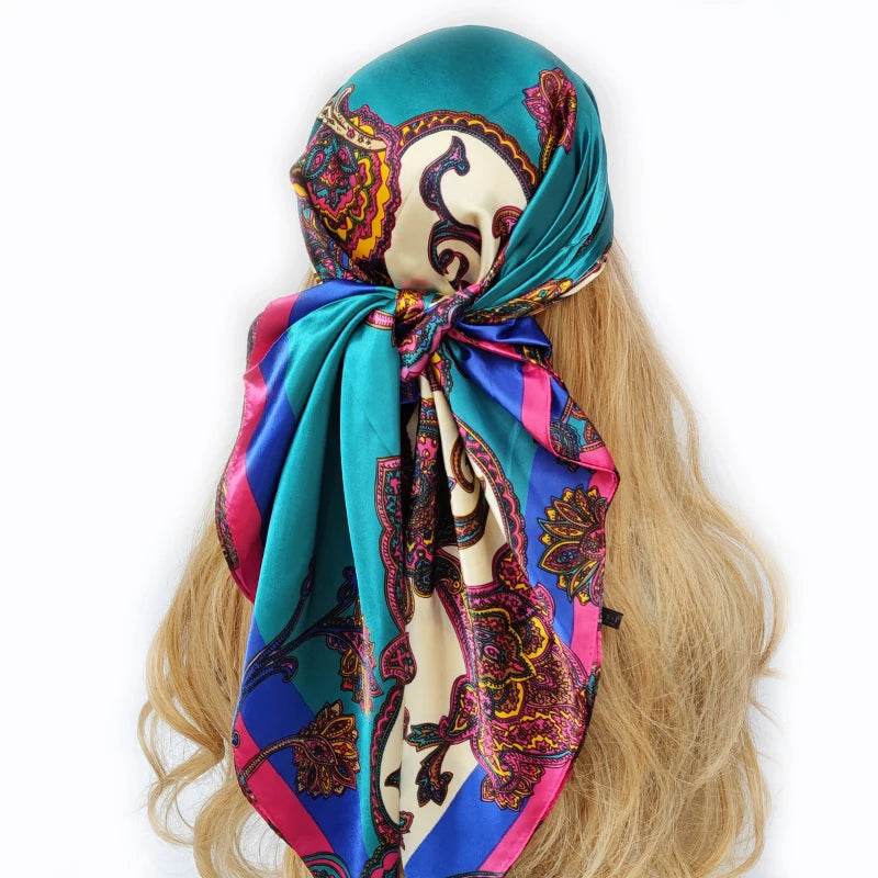 New 90*90cm Retro Brand Women Silk Scarf Bandanna Fashion Bohemian Pattern Square Hijab Lady Wrap Headband foulard muffler - AIAZ