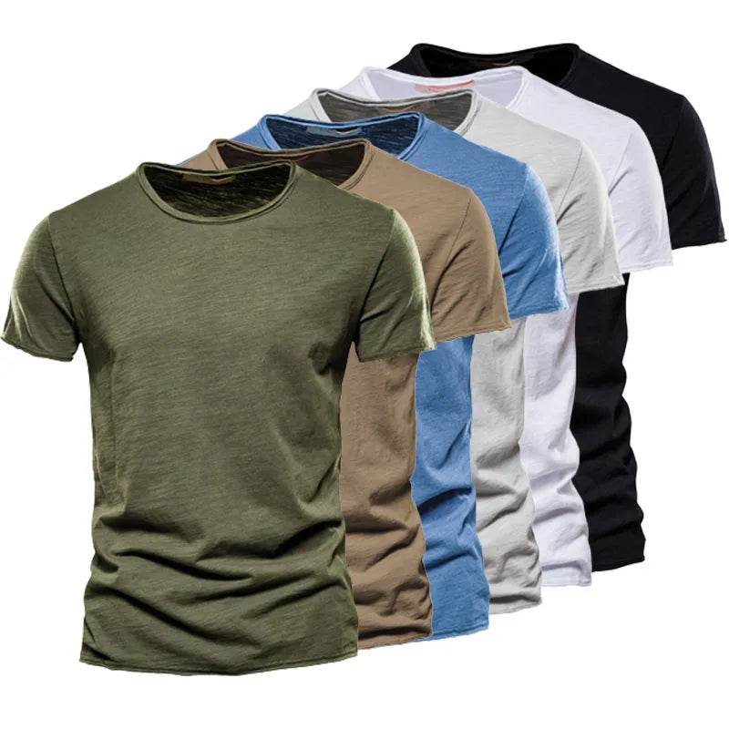 Men's T Shirt Pure Color Round Collar Short Sleeved Tops Tees High Quality Cotton Men T-Shirt Fashion Slim Man T Shirt For Men - AIAZ