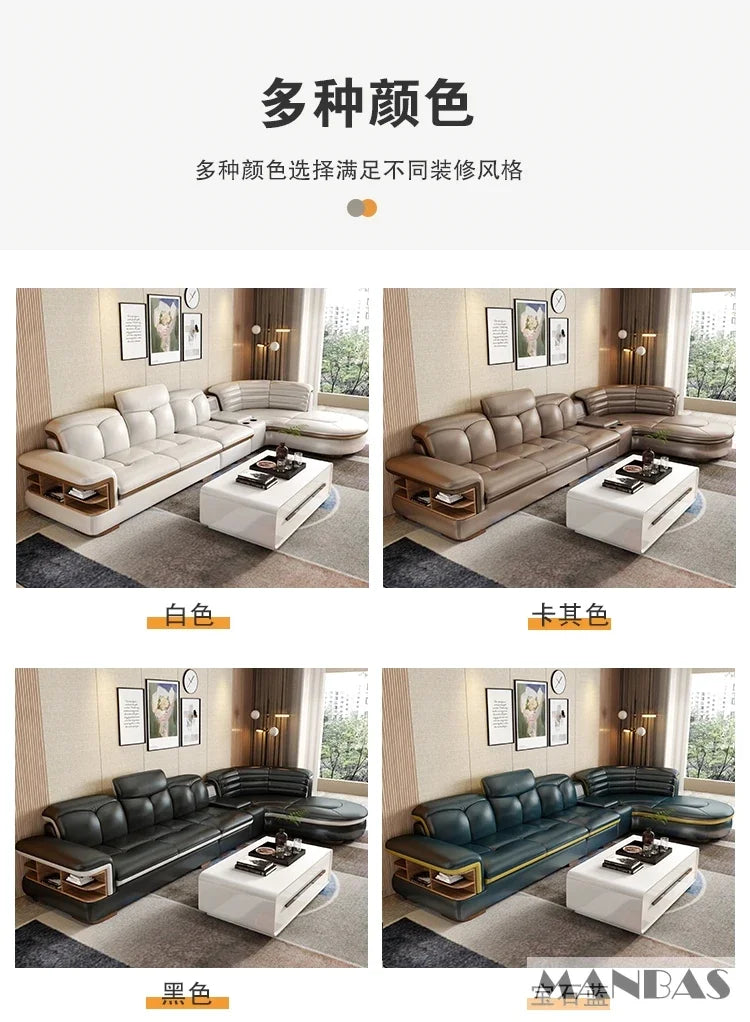 Luxury L-Shaped Genuine Leather Sectional Sofa Sets with USB, Bluetooth Speaker - Linlamlim Living Room Italian Leather Couches