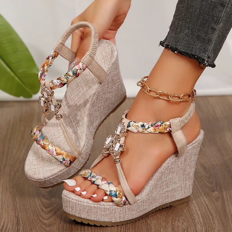 Metal Decoration Wedge Heel Sandals for Women 2025 Summer Chunky Platform Sandals Woman Thick Bottom Printed Bohemian Sandalias