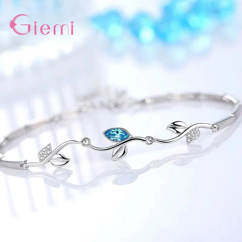 Charm 925 Sterling Silver Leaf Design Blue Crystal Zircon Bangle&Bracelet For Women Girls Wedding Party Fashion Jewelry Gifts