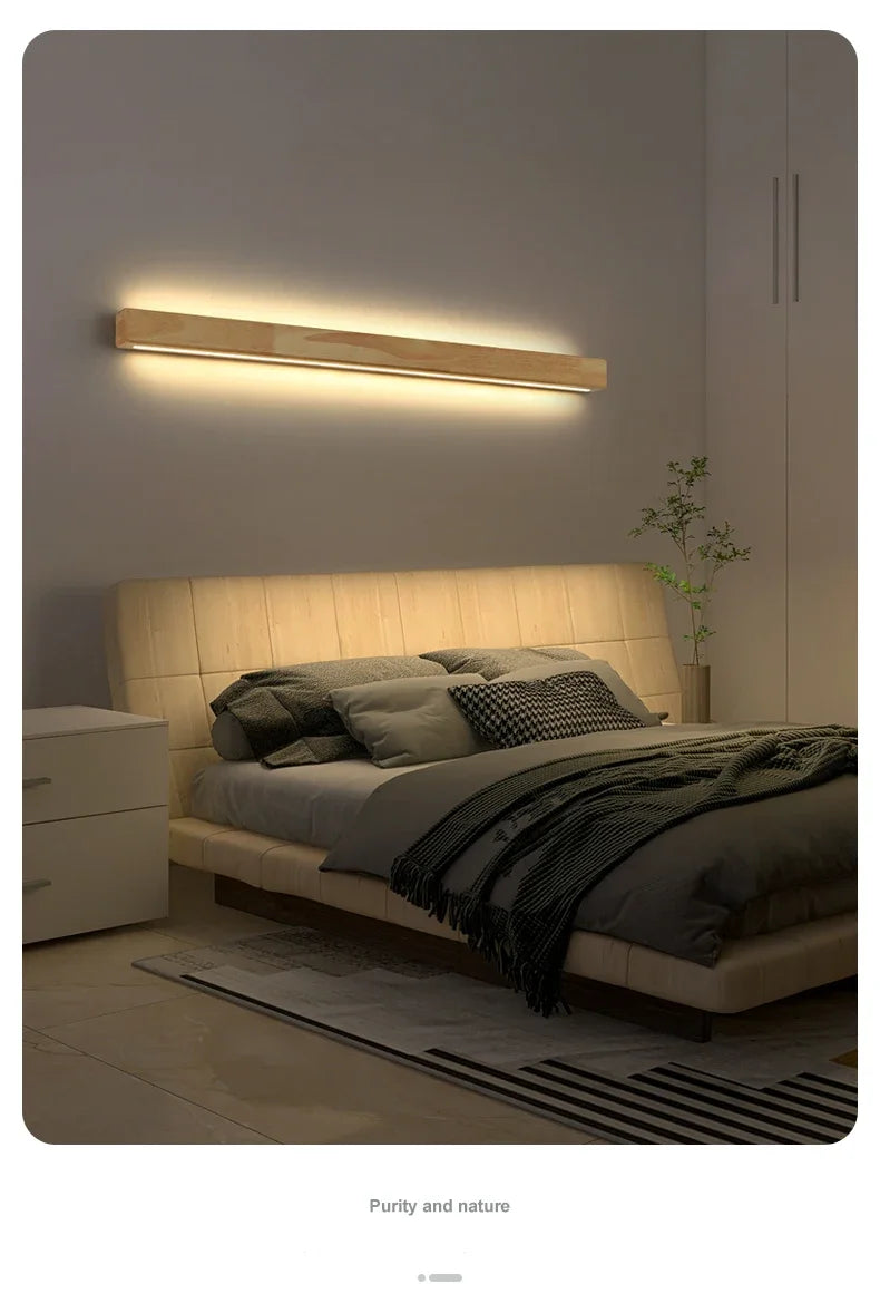 Simple Solid Wood Wall Lamp LED Long Strip Lamp Living Room Background Wall Corridor Balcony Bedroom Bedside Lighting Decoration