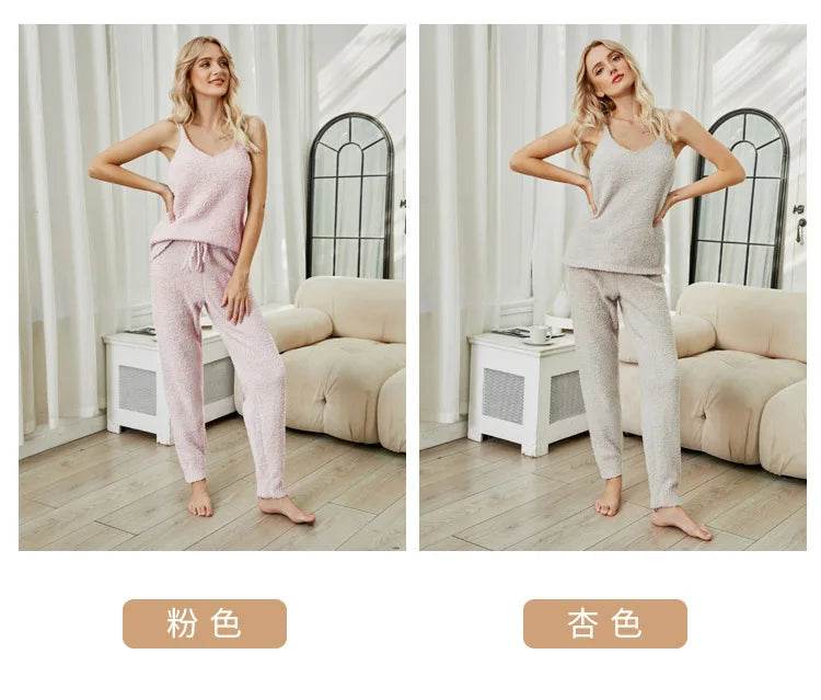 Pajamas for Women Pajama Sets Sexy Knitted Suspender Pajamas Autumn Winter Warm Solid Color Half-edge Velvet Suit Home Clothes - AIAZ