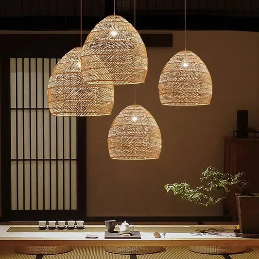 Japanese Style Wooden Woven Handmade Pendant Lights Restaurant Bedroom Study Room Chandelier Pastoral Rattan Tatami Chandeliers