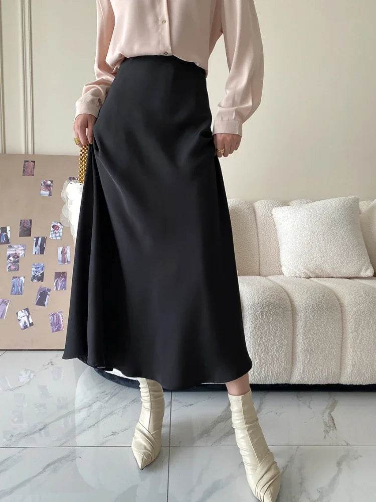 High Waisted Satin Long Skirts for Women Spring/Summer New 2025 Women's Skirt A-line Fashion Elegant Slim Fit Grey Black Skirt - AIAZ
