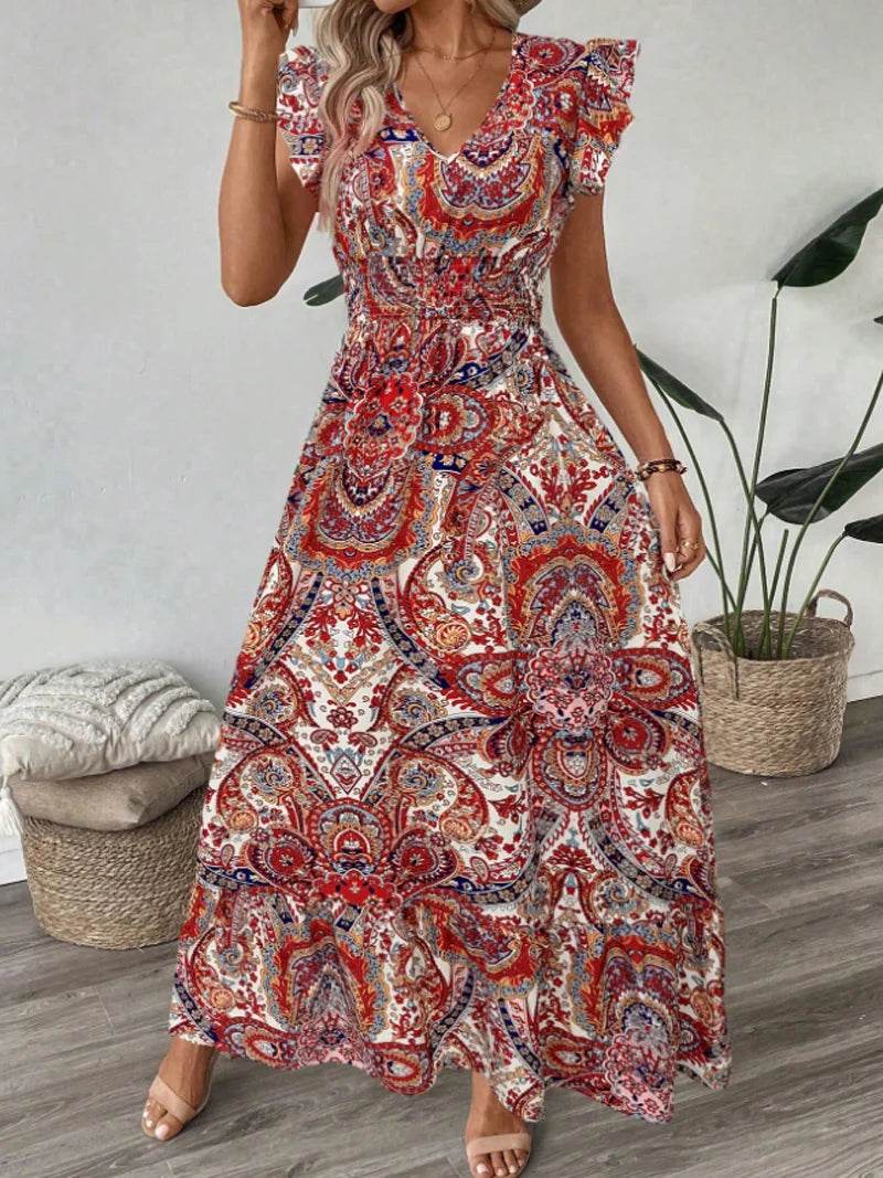 new dresses 2025 woman vestidos para mujer vintage dress Printed V-neck fashion dress Loose ruffle long dresses - AIAZ