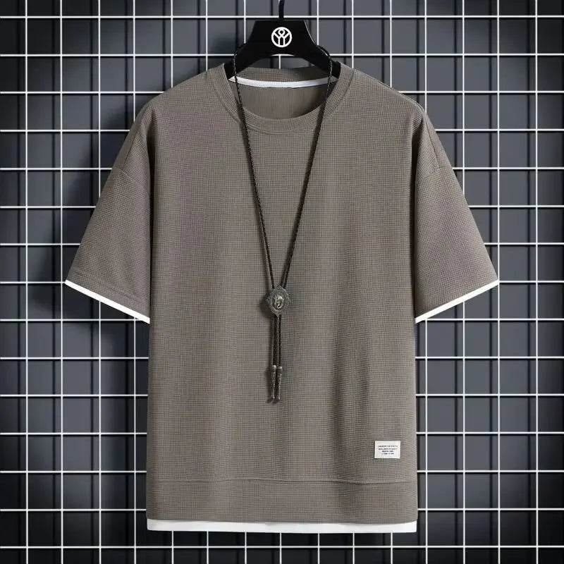 2025Men Summer Fashion Waffle Fake Two Pieces Top Short Sleeve T-shirt Male Comfortable Casual Breathable Quick DryTshirts Tee - AIAZ