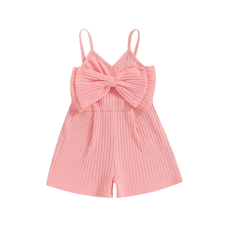 Pudcoco Infant Kids Baby Girl Ribbed Jumpsuit Summer Cute Bow Sleeveless Romper Shorts for Newborn Toddler Cute Clothes 6M-4T
