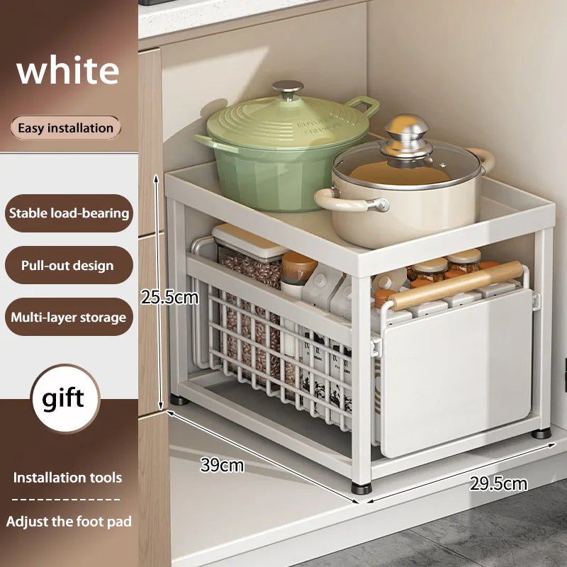 Under Sink Storage Rack Pull out Cabinet Organizer Kitchen Sliding Drawer Storage Basket Handle Bowl Plate Rack Holder Shelves