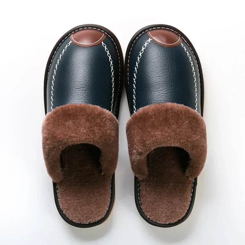 Men Winter Leather Slippers Bedroom Cotton Slippers Male Waterproof Thick Plus Velvet Indoor Warm House Home Slippers Shoes - AIAZ